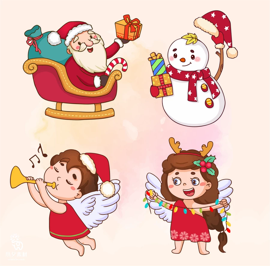 圣诞节平安夜圣诞老人麋鹿圣诞树雪人姜饼元素插画图案AI矢量素材【022】